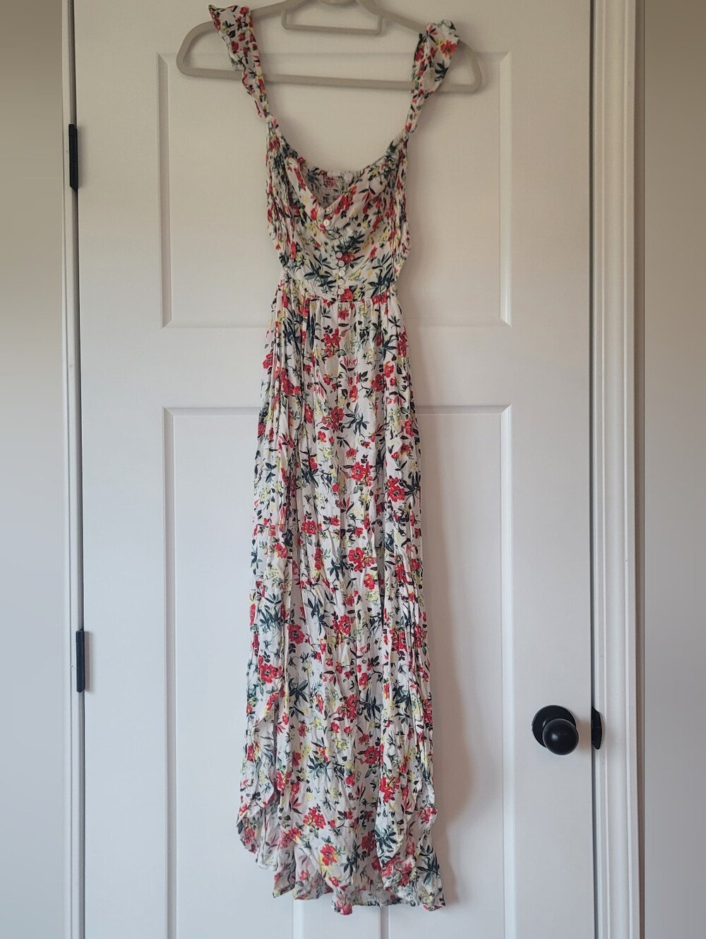 Lush White Maxi Dress with Red & Green Floral Print